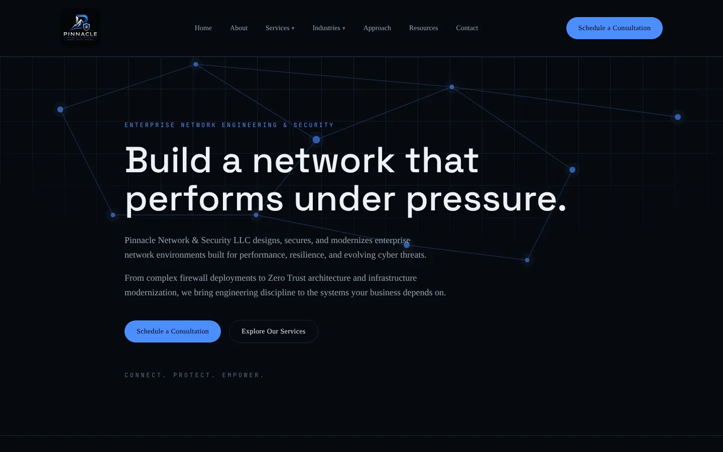 Pinnacle Network & Security homepage on desktop