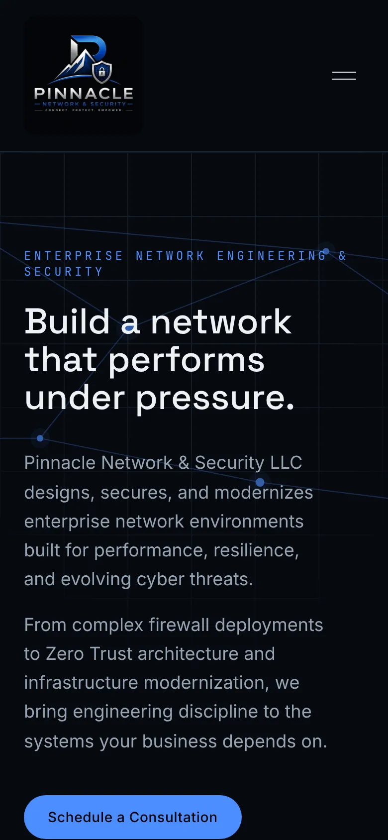 Pinnacle Network & Security homepage on mobile