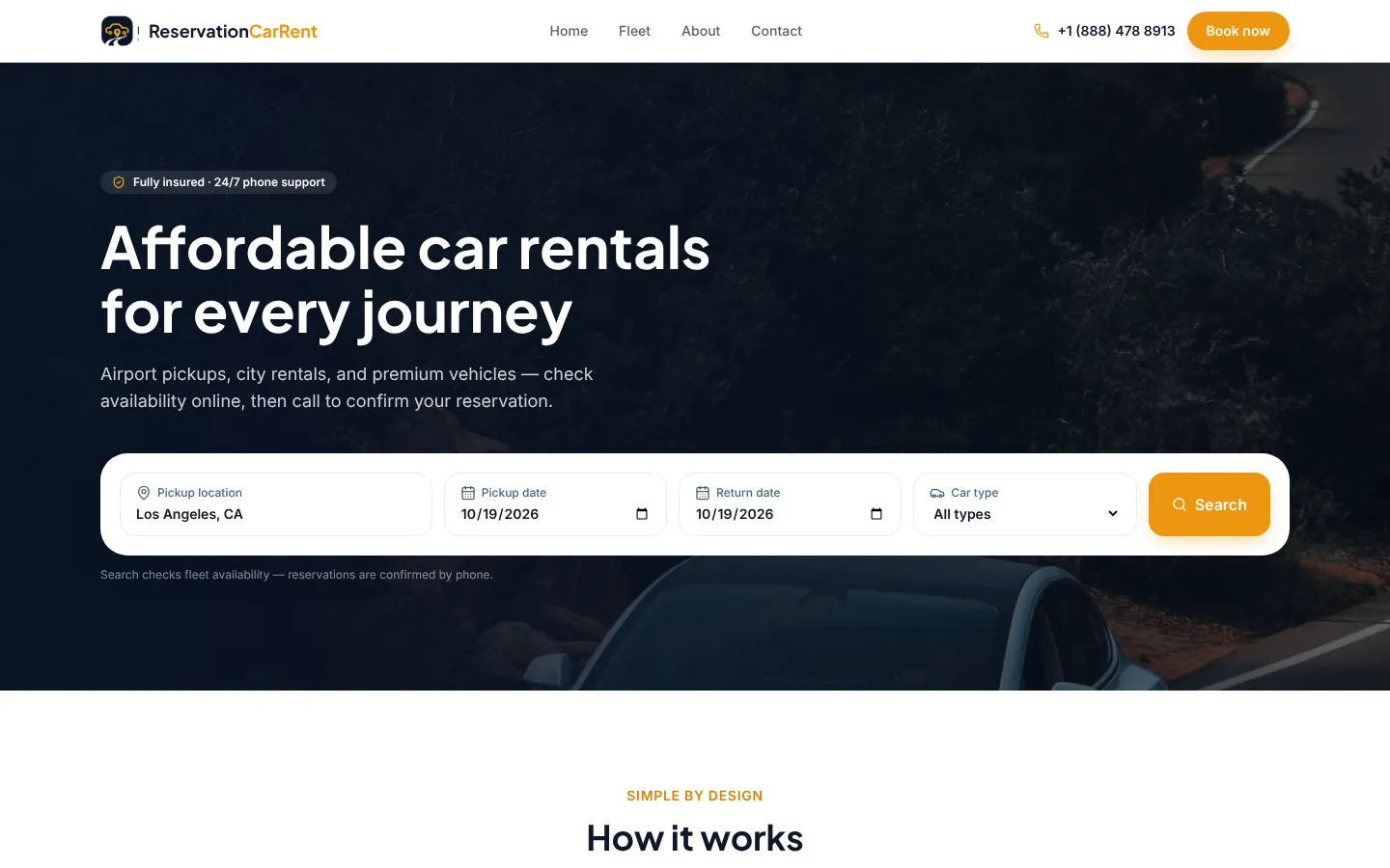 ReservationCarRent homepage on desktop