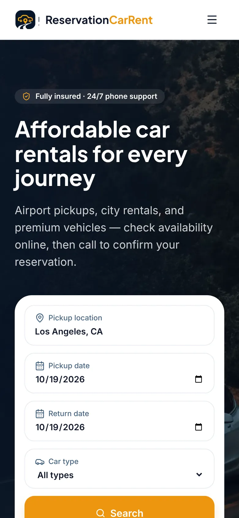 ReservationCarRent homepage on mobile