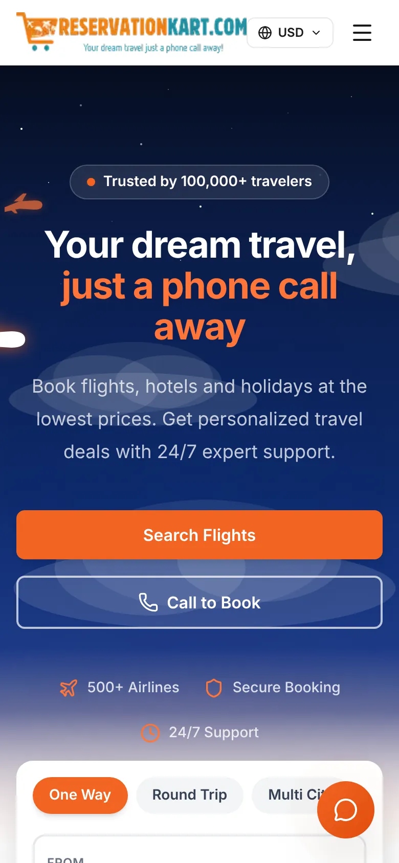 ReservationKart homepage on mobile